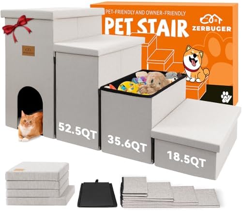 Zerbuger Dog Stairs with Storage, Beige 4 Steps Dog Ramp with Condo for Bed by Zerbuger