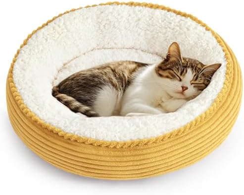 Love's cabin Round Donut Cat and Dog Cushion Bed, 20in Pet Bed for Cats or Small Dogs, Anti-Slip & Water-Resistant Bottom, Super Soft Durable Fabric Pet beds, Washable Luxury Bed Yellow Stripe by Lovescabin