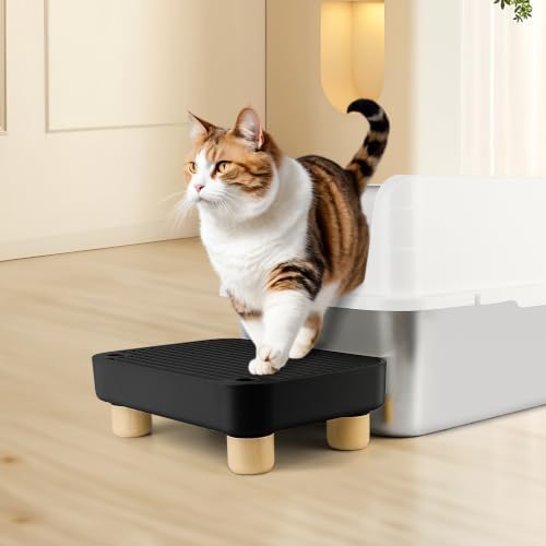 Cat Litter Box Step Ramp, Cat Litter Catcher Mat with Wooden Feet, Filter Function, Pedal Stool for Self-Cleaning Litter Box, Ideal for Kitten & Elderly Cats (Black) - Image 6