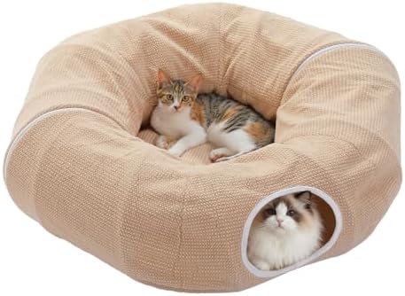 PEQULTI Beige Donut Cat Tunnel Bed Washable Plush Mat Multi for Small Pets by PEQULTI