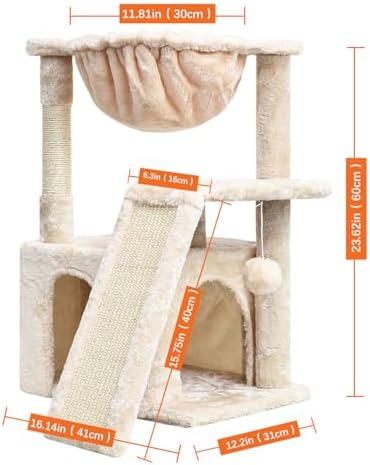 SYANDLVY Cat Tree for Indoor Cats Large Adults, Modern Activity Tower with Scratching Posts & Board, Condo with Plush Perch, Climbing Stand with Cradle & Hanging Ball for Play, Beige - Image 2