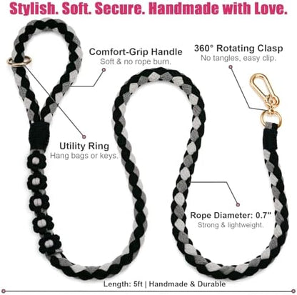 5FT Braided Cotton Rope Leash for Small, Medium and Large Dogs, Black - Image 2