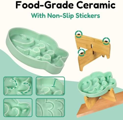 Elevated Slow Feeder Cat Bowl with Stand, 6.3''Ceramic Fish Maze Cat Food Bowl, Raised Whisker Friendly Wide Shallow Cat Dish for Wet & Dry Food, Non Slip Puzzle Feeder for Cats & Small Dogs (Green) - Image 4