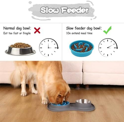MateeyLife Dog Food and Water Bowl Set 3 in 1, Slow Feeder Dog Bowls & Stainless Steel Water Bowl with Non-Spill Silicone Mat, Cat and Puppy Bowls Pet Dishes for Small Medium Large Breed Anti-Choking - Image 2