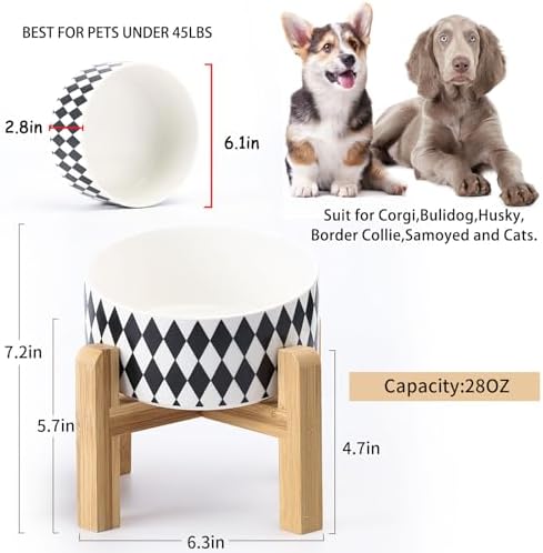 Petygooing Elevated/Raised 15°Slanted Ceramic Dog Bowl for Small and Medium Breeds, Tilted Anti Slip Pet Bowl,Food Water Dish with Stand for Cats and Dogs (28 OZ/3.6 Cups) Black Rhombus - Image 3