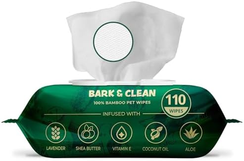 Bark & Clean Bamboo Dog Wipes for Cleaning & Deodorizing - 8.5" x 9" 110 Compostable Hypoallergenic Pet Wipes for Dogs - Paws, Butt & Body - Puppy Face, Ear & Eye Cloths - Pet Supplies by BarkClean