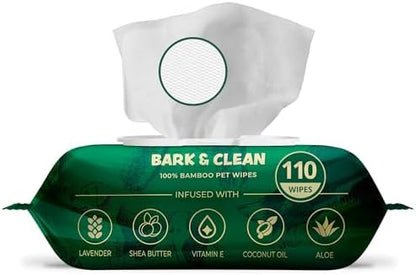 Bark & Clean Bamboo Dog Wipes for Cleaning & Deodorizing - 8.5" x 9" 110 Compostable Hypoallergenic Pet Wipes for Dogs - Paws, Butt & Body - Puppy Face, Ear & Eye Cloths - Pet Supplies by BarkClean