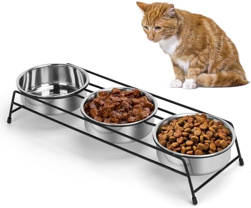Raised Cat Bowls Triple Dog Cat Feeder Holders 3 Stainless Steel Elevated Pet Water Food Bowl for Cats Puppies Rabbits (3 Bowls) - Image 3