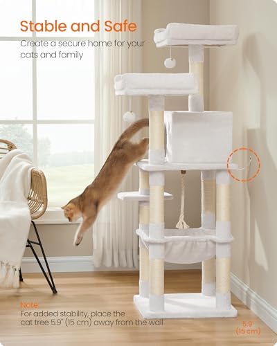 Feandrea Cat Tree, 55.8-Inch Tall Cat Tower Condo Indoor, Light Warm White - Image 7