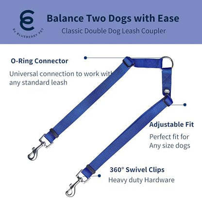 Blueberry Pet Essentials Durable Classic Double Dog Leash Coupler, Royal Blue, Small, Dual Walking & Training Leashes for Two Dogs - Image 2