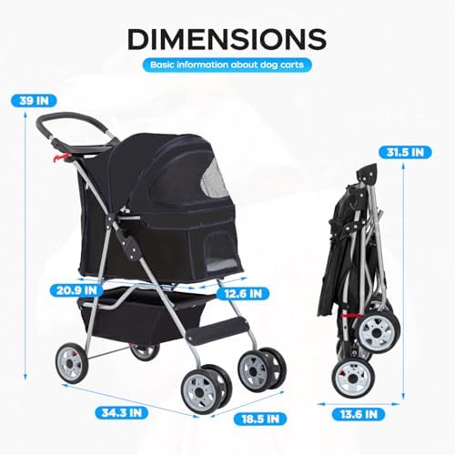 BestOffice Pet Stroller for Small Medium Dogs & Cats, 4-Wheel Foldable Dog Stroller with Cup Holder, Lightweight Travel Carrier, Waterproof Design for Outdoor Walks, Black - Image 7