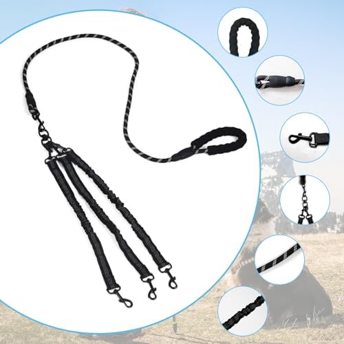 Dog Double Leashes,Rope Bungee Three Leash with Padded Handle Removable for 3 Dogs,Tangle-Free, Padded Handles, 360° Swivel Control (Black, 3 Way) - Image 2