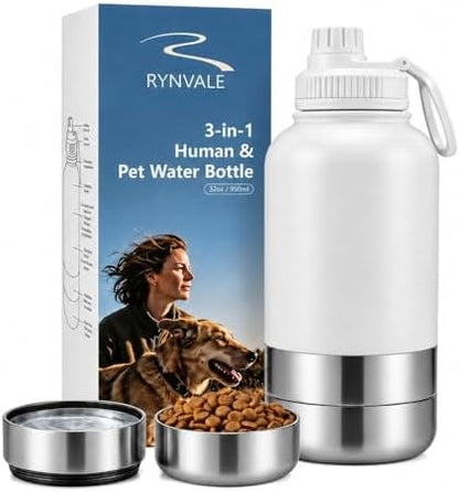 RYNVALE 32oz Insulated Stainless Steel Pet Water Bottle with Dog Bowl by RYNVALESTUDIO