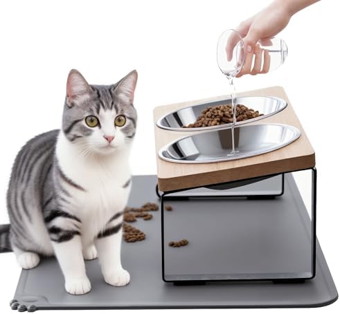 Upgraded Elevated Cat Bowls with Food Mat,15°Tilted Stand Anti Vomiting Raised Cat Dishes for Food and Water,2 Stainless Steel Bowls for Cats and Puppy by Summark