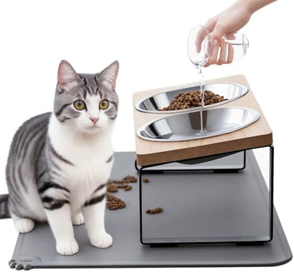 Upgraded Elevated Cat Bowls with Food Mat,15°Tilted Stand Anti Vomiting Raised Cat Dishes for Food and Water,2 Stainless Steel Bowls for Cats and Puppy by Summark