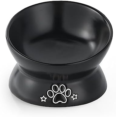 LoeJan Elevated Cat Food Bowl, 5 Oz Ceramic Raised and Tilted Water Bowl, Anti Vomiting and Protect Pets' Spines Dishes for Small Dog, Fat Faced Cat, Kitten (Black Pattern, 1 Pack) by LoeJan