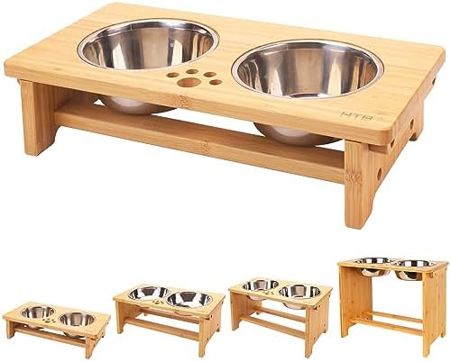 HTB Elevated Dog Bowl Stand with 2 Stainless Steel Bowls-4" H Small Bamboo by HTB