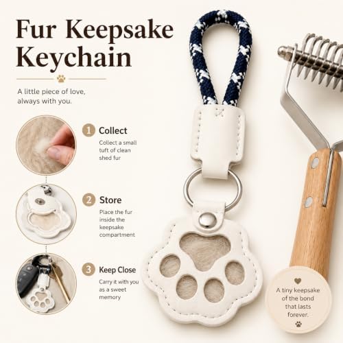 2-in-1 Undercoat Rake & Dematting Tool for Dogs & Cats - Professional Deshedding Brush with Wood Handle - Stainless Steel Grooming Rake for Long Haired Pets - With Paw Print Hair Keepsake Keychain - Image 5