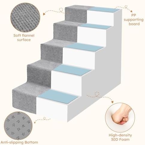 Heeyoo Dog Stairs for Small Dogs,5-Step Dog Steps for High Bed and Couch, High-Density Foam Pet Steps with Supporting Board, Non-Slip Removable Washable Cover, Grey