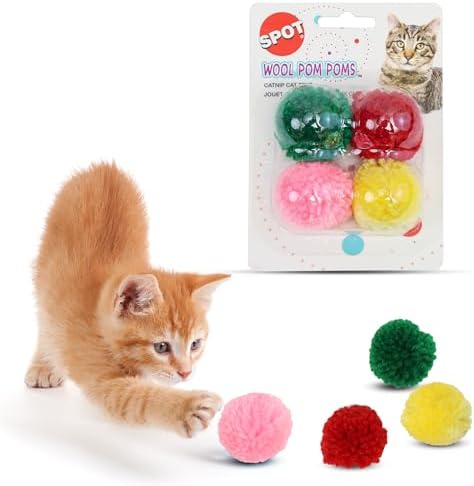 SPOT Wool Pom Poms Cat Toy - Interactive Wool Balls Cat Toy with Catnip for Cats and Kittens to Bite, Swat and Chase - 1.5 inch, 4 pcs by SPOT