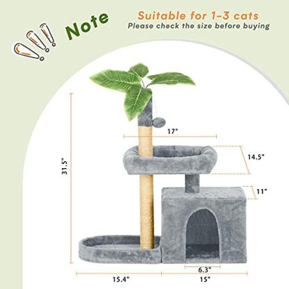 31.5inch Small Cat Tree Tower Condo for Indoor Cats, Soft Plush Multi-Level Climbing Tree Cat House with Cat Cave, Scratching Post, Sisal Rope, Grey - Image 2