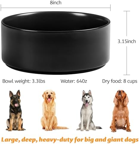 Large Dog Bowls, Non Slip Heavy Ceramic Dog Food and Water Bowl with Silicone Base, 8" Pet Feeding Bowl for Small, Medium, and Big Dogs (Black, 8 Inches) - Image 2