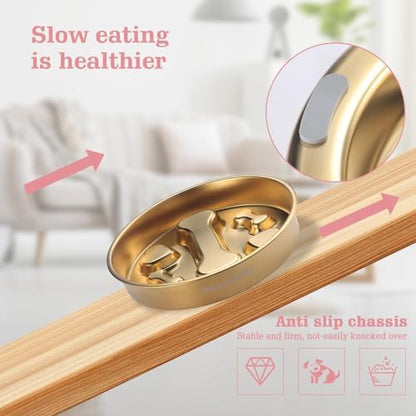Golden Stainless Steel Slow Feeder Dog Bowls – Non-Slip Metal Dog Bowl for Large & Medium Breeds, Puppy Puzzle Feeder – 2 Cup for Small to Big Pets – Durable Slow Feed Dog & Cat Food Dish with Mat - Image 4