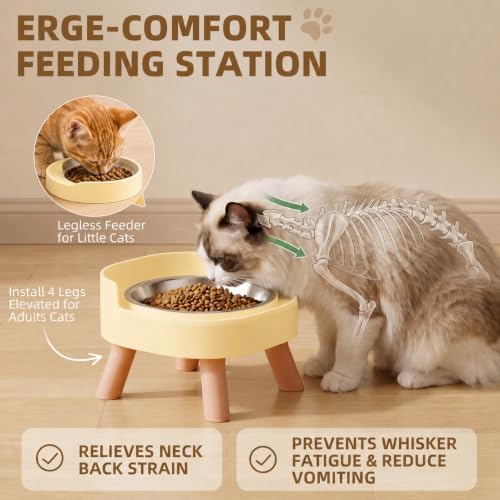 Elevated Cat Bowls, 2P Raised Cat Food and Water Bowl Set for Indoor Cats, Splash Proof with 2 Stainless Steel Pet Food Bowls for Cats ＆ Puppies, Whisker Friendly and Dishwasher Safe - Yellow - Image 4