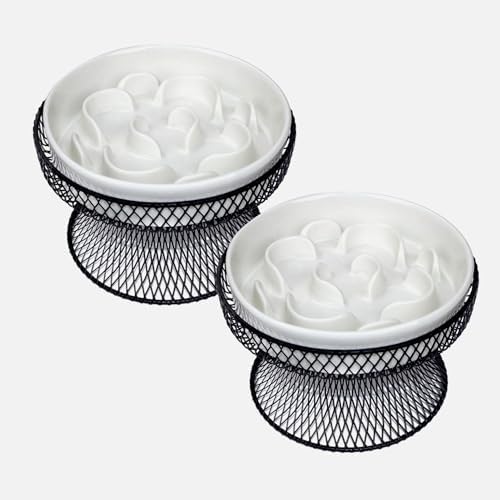 2PCS Raised Ceramic Cat Slow Feeder Bowl Elevated Food Bowl with Stand, Cat Slow Bowl for Wet Food and Dry Food,Slow Down Eating Speed, Whisker Friendly Pet Puzzle Feeder for Kitten and Small Dog by Trundisan
