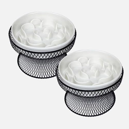 2PCS Raised Ceramic Cat Slow Feeder Bowl Elevated Food Bowl with Stand, Cat Slow Bowl for Wet Food and Dry Food,Slow Down Eating Speed, Whisker Friendly Pet Puzzle Feeder for Kitten and Small Dog by Trundisan