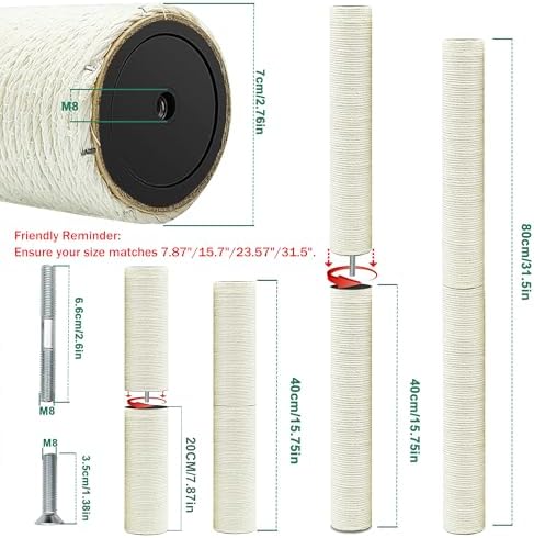 Cat Scratching Post Replacement Pole, 4 PCS 15.7“ 7.9" Cat Tree Replacement Post, Natural Sisal Cat Tree Replacement Parts with M8 Screws (15.7in/40cm+7.87in/20cm, M8*4poles) - Image 2