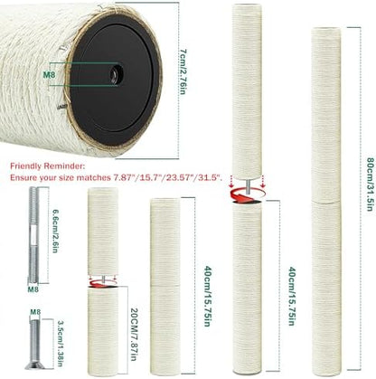 Cat Scratching Post Replacement Pole, 4 PCS 15.7“ 7.9" Cat Tree Replacement Post, Natural Sisal Cat Tree Replacement Parts with M8 Screws (15.7in/40cm+7.87in/20cm, M8*4poles) - Image 2