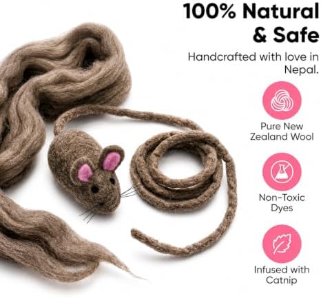 Glaciart One XXL Felt Mouse Cat Toy – 6” Body + 98” Tail – Large Cat Enrichment Toy – 100% Natural Wool with Catnip – Interactive Teaser for Big Cats – Safe Non-AZO Dyes - Image 3
