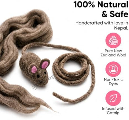 Glaciart One XXL Felt Mouse Cat Toy – 6” Body + 98” Tail – Large Cat Enrichment Toy – 100% Natural Wool with Catnip – Interactive Teaser for Big Cats – Safe Non-AZO Dyes - Image 3