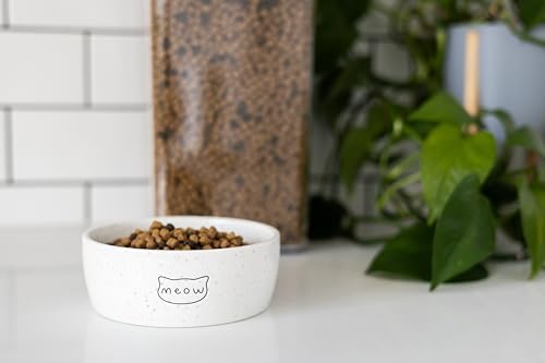 Pearhead Ceramic Meow Cat Bowl, Holds 12 oz, Modern Speckled White - Image 6