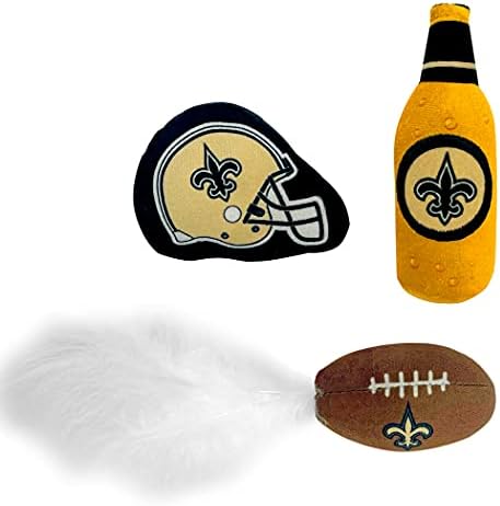 BEST PLUSH CAT TOY: NFL NEW ORLEANS SAINTS Complete Set of 3 piece Cat Toys filled with Fresh Catnip. Includes: 1 Helmet Cat Toy, 1 Football Cat Toy with Feathers & 1 Beer Bottle. Beautiful Team LOGOS - Image 2