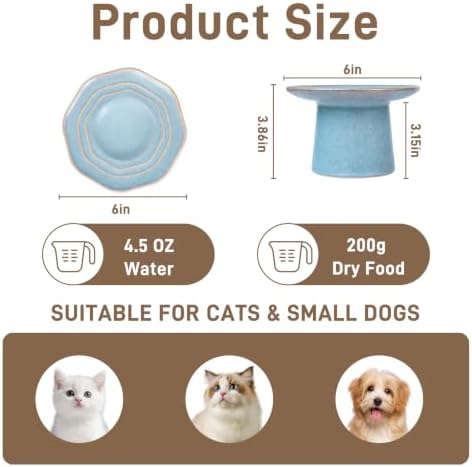 Shallow Wide 6" Elevated Cat Bowls Ceramic Raised Cat Food Dish, Anti Vomiting, Protect Cat's Spine, Pale Turquoise - Image 2