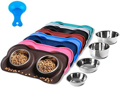 Hubulk Pet Dog Bowls 2 Stainless Steel Dog Bowl with No Spill Non-Skid Silicone Mat + Pet Food Scoop Water and Food Feeder Bowls for Feeding Small Medium Large Dogs Cats Puppies (Medium, Chocolate) by Hubulk