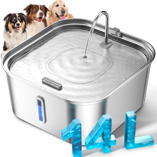 Large Dog Water Fountain 14L/3.7Gal, Stainless Steel Pet Fountain for Large Dogs and Multi-Pets Families, with Visible Window & Extra Wide Drinking Area, Square Design Enlarges Capacity & Saves Space by MAILOFY