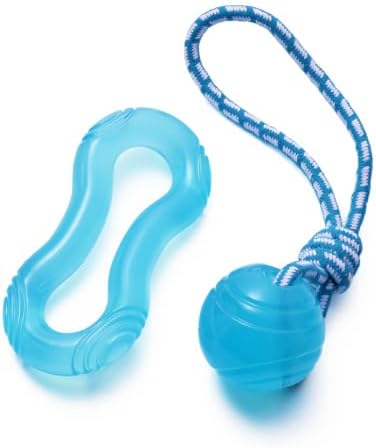 MECOOL 2PCS Dog Chew Toys Set - Tug of War Rope Ball & Flexible Rubber Puller, Interactive Teething Toys for Aggressive Chewers, Pet Training Toys for Medium Large Dogs,Bacon Flavored by MECOOL