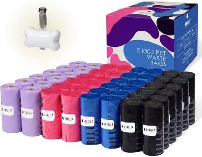 GORILLA SUPPLY 1000 multicolor poop bags for dogs with Dispenser and Leash Tie, 9" x 13", Mixed by Gorilla+Supply