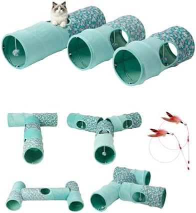 Cat Tunnel, 3 Straight Shaped Tunnels 6 DIY Shapes with Wand Toys, No Noise Scratch Resistant Cool Linen Fabric, Interactive Pet Tunnel Tube for Indoor Cats, Puppy and Rabbits by Odoland