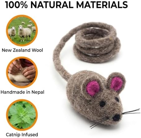 Glaciart One Felt Mouse Cat Toy – Soft Fuzzy Enrichment 100% Natural Wool - Interactive Catnip Play Cat Toy Set - Safe for Pets, Non-AZO Colored Dyes - 42” Long - Image 4