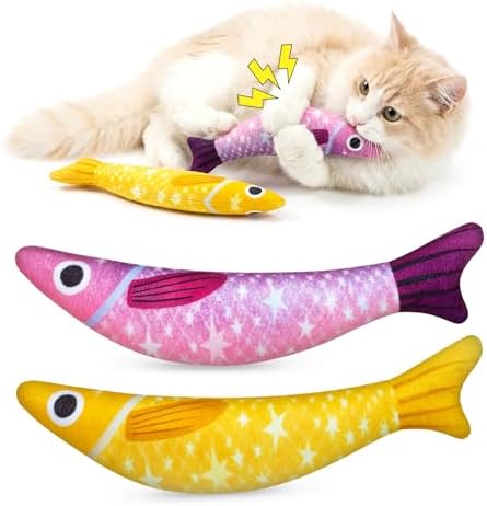 Cat Toys for Indoor Cats, Fish-Shaped Pillow, 2 Pack Yellow + Purple by Home