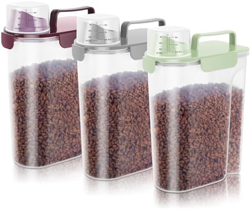 5-7Lbs Portable Cat Dog Food Storage Container with Upgraded Large Spout and Cup Dispenser for Small Large Animal Kibble, Pet Bird snack, Oatmeal, Rice, Flour, Brown Sugar-3 Pack (Purple Gray Green) by LEAWALK