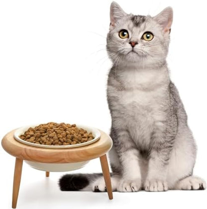 DEAYOU Ceramic Cat Bowl Adjustable, Tilted Elevated Raised Pet Dish, No Spill Pet Food Water Feeder, Slanted Dog Bowl with Wood Stand for Kitty, Pet Supplies, Stress Free, 600 ML/20 OZ, Cream White - Image 3