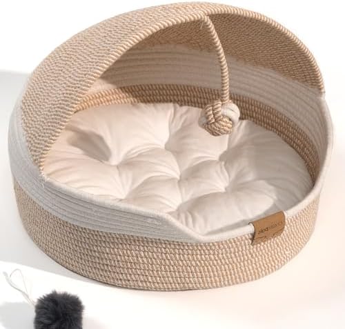 CHEERPALS Cat Basket Bed with Washable Cushion and Ball Rope Cotton, Covered Pet Bed for Indoor Cats Cave Bed Hooded, Stimulicat Cat Bed Handwoven Breathable, All Season Universal(White) by CHEERPALS