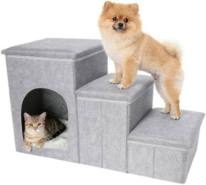 Dog Stairs for Small Dogs,17 Inch Height Foldable Pet Steps 3-Step Dog Ramp with Storage, Cat Condo,Indoor Pet Ramp for Bed Couch Window by cattree