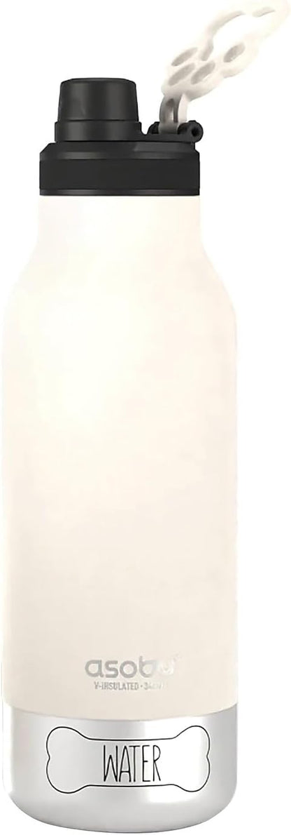 asobu Buddy Bottle a Stainless Steel Insulated Water Bottle for with Removable Dog Water Bowl and Dog Food and Treat Storage Bowl (White, 34 oz Water Bottle | 2 Bowls)