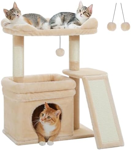 PEQULTI Cat Tree for Small Medium Cats, Beige Cat Tower for Indoor Cats by PEQULTI